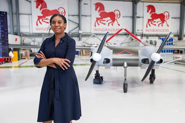 Kemi Badenoch visits Windracers, Segensworth, Fareham. Windracers make heavy-lifting drones Picture: Chris Moorhouse (100726-26)