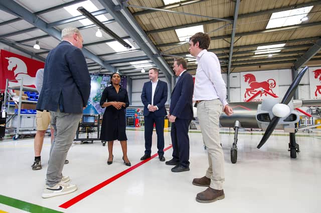 Hon Kemi Badenoch visits Windracers, Segensworth, Fareham. Windracers make heavy-lifting drones Picture: Chris Moorhouse (100726-24)