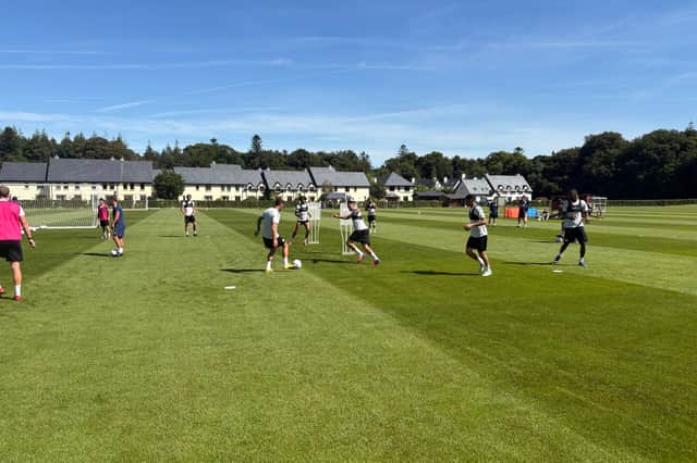 Pompey's players involved in passing drills during their training camp at Fota Island.
