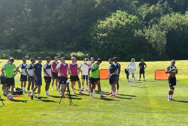 Pompey's players take a break during training at Fota Island, Cork.