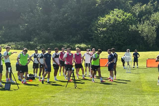 Pompey's players take a break during training at Fota Island, Cork.