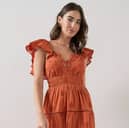 The Very Collection's brown midaxi dress combines romantic frill sleeves with elegant embellishment for effortless occasion dressing