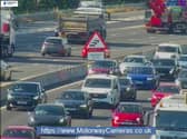 Queues of traffic on the M27 near Hedge End in Hampshire after a collision between a motorcycle and a car on July 15, 2026 