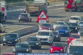 Queues of traffic on the M27 near Hedge End in Hampshire after a collision between a motorcycle and a car on July 15, 2026 