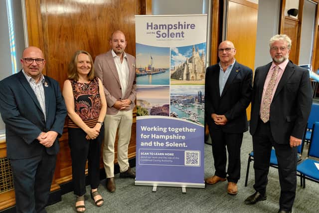 Members of the Hampshire and the Solent Combined County Authority board after the inaugural meeting. From left to right, Steve Pitt, Sarah Bogle, George Madgwick, Nick Adams-King and Jonathan Bacon. Picture: LDRS