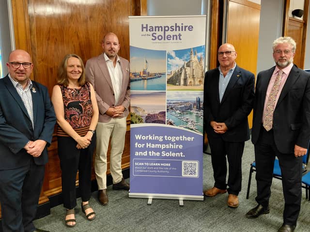 Members of the Hampshire and the Solent Combined County Authority board after the inaugural meeting. From left to right, Steve Pitt, Sarah Bogle, George Madgwick, Nick Adams-King and Jonathan Bacon. Picture: LDRS

