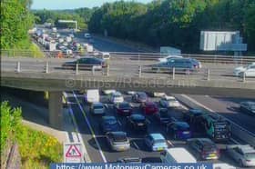 Traffic queuing on the westbound side of the M27 in Hampshire at Junction 7 for Hedge End on July 15, 2026 