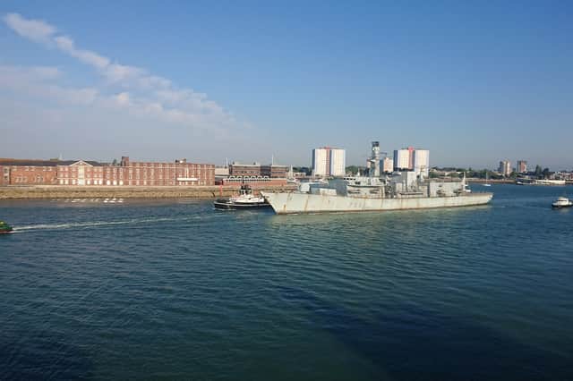 Retired Royal Navy frigate HMS Montrose being towed out of HMNB Portsmouth on July 15 amid reports of her being scrapped.