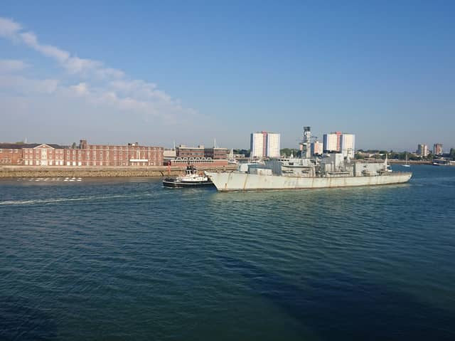 Retired Royal Navy frigate HMS Montrose being towed out of HMNB Portsmouth on July 15 amid reports of her being scrapped.