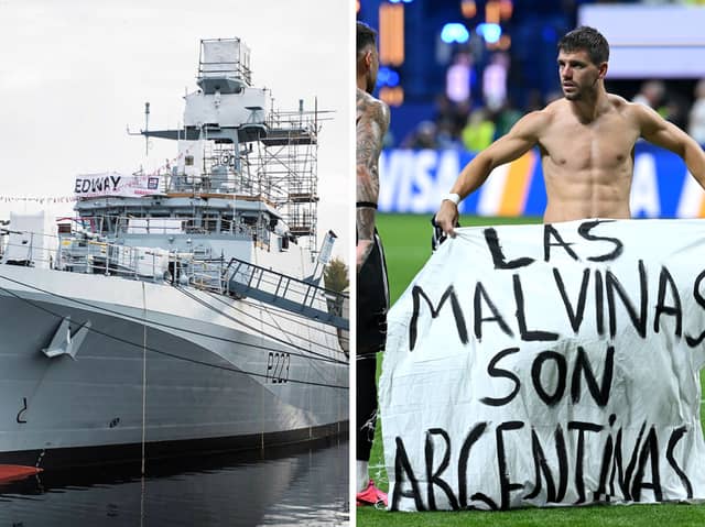 Argentina have described the deployment of HMS Medway to the Falkland Island as a 'military incursion'. Players waved a controversial banner after England's 2-1 World Cup defeat.