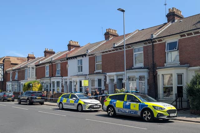 A police cordon on Lawrence Road in Southsea on Thursday, July 16, 2026. A 34-year-old man from Portsmouth was arrested on suspicion of grievous bodily harm and breach of a domestic violence prevention order after a woman in her 30s suffered a serious head injury.