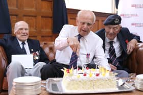 Second World War veterans were treated to a spectacular birthday celebration lunch at HMS Excellent on Whale Island, Portsmouth, on Wednesday 15th July 2026. Pictured: Len Chivers, Ken Arkell and Henry Rice.