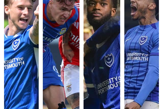 From left to right: Adrian, Segecic, Marko Milovanovic, Abu Kamara and Josh Murphy is a potential Pompey attacking quartet next season.