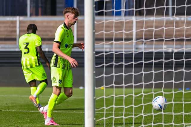 Brandon Downey scores Pompey's equaliser at Bristol Rovers, with Arvin Appiah in the background. Picture: Dan Minto/ProSportsImages