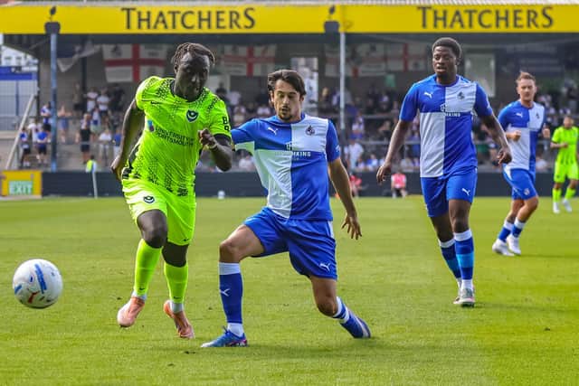 Triallist Arvn Appiah in action for Pompey against Bristol Rovers on Saturday