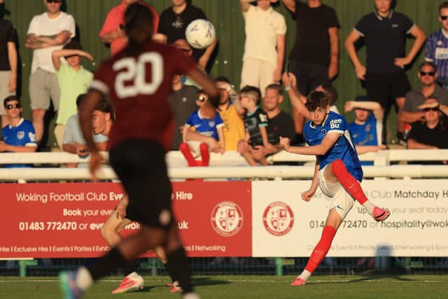 Brandon Downey delivers a cross for Pompey against Woking. Picture: Simon Roe/ProSportsImages