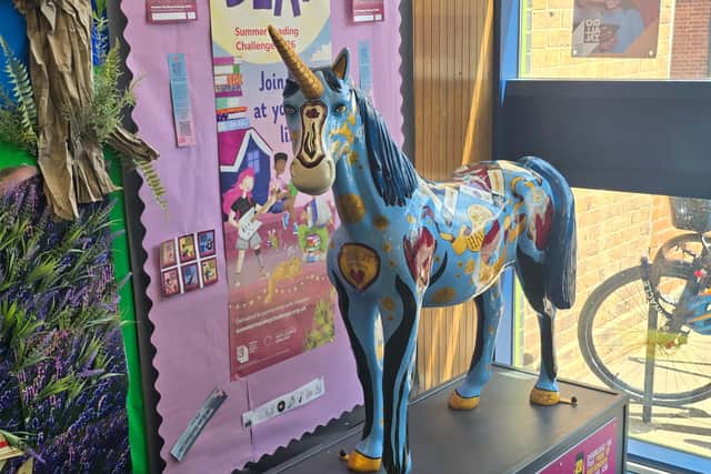 Unicorn at North End Library as part of the Pride of Portsmouth trail