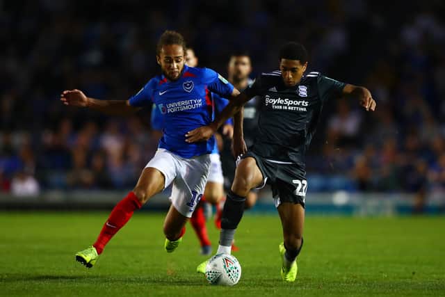 Birmingham debutant Jude Bellingham battles with Marcus Harness in the Carabao Cup at Fratton Park in August 2019. Picture: Dan Istitene/Getty Images