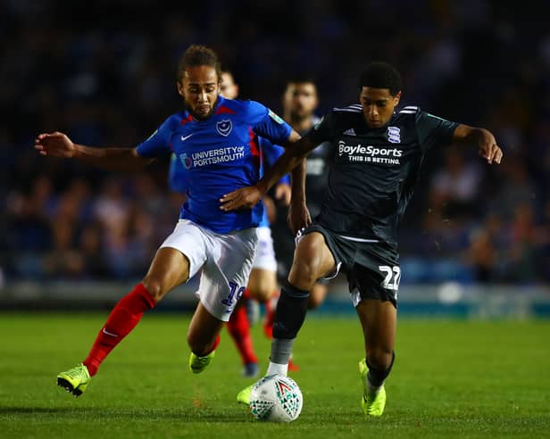 Birmingham debutant Jude Bellingham battles with Marcus Harness in the Carabao Cup at Fratton Park in August 2019. Picture: Dan Istitene/Getty Images