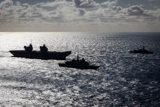 From L: HMS Prince of Wales, French Destroyer and HMS Somerset during Enhanced Vigilance Activity, Neptune Strike.