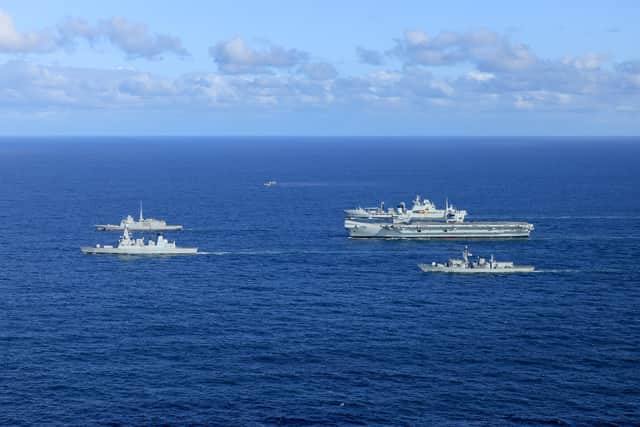 Pictured from L: HMS Duncan, French Destroyer, HMS Somerset, HMS Prince of Wales and RFA Tidespring with two F35Bs flying over. The UK Carrier Strike Group is currently in the midst of Exercise Neptune Strike.