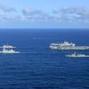 Pictured from L: HMS Duncan, French Destroyer, HMS Somerset, HMS Prince of Wales and RFA Tidespring with two F35Bs flying over. The UK Carrier Strike Group is currently in the midst of Exercise Neptune Strike. 