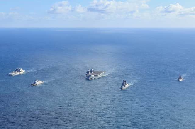 From L: RFA Tidespring, French Destroyer, HMS Prince of Wales, HMS Duncan and HMS Somerset.