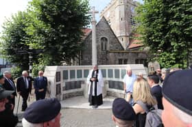 The names of three Falklands War veterans who died in the conflict are due to be added to the Havant War Memorial on Wednesday 22nd July 2026. Pictured: Veterans and visitors at the service near the Havant War Memorial.