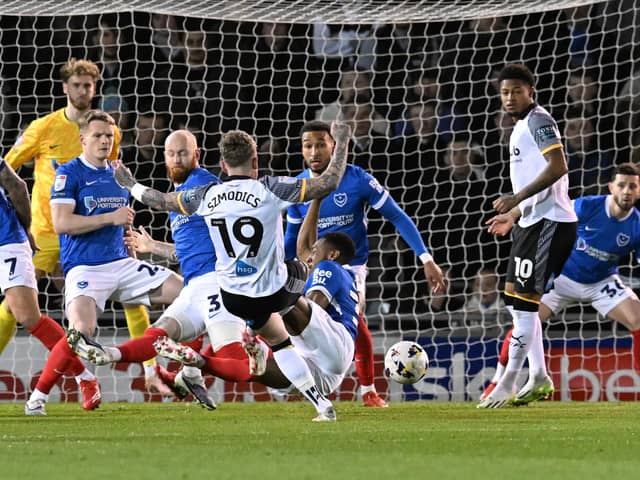 Goal 0-1 - Sammie Szmodics (19) of Derby County scores the opening goal during the EFL Sky Bet Championship match between Portsmouth and Derby County at Fratton Park, Portsmouth, UK on 16 March 2026.
