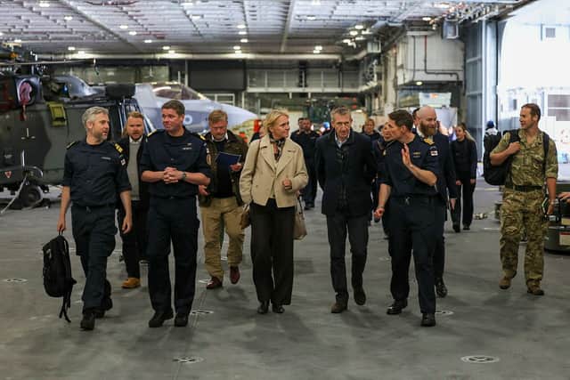 The then Secretary of State for Defence, Dan Jarvis MBE MP and Icelandic Minster for Foreign Affairs, Þorgerður Katrín Gunnarsdóttirvisit on a tour of the Fleet Flagship, HMS Prince of Wales. Photo: PO Phot Chris Sellars