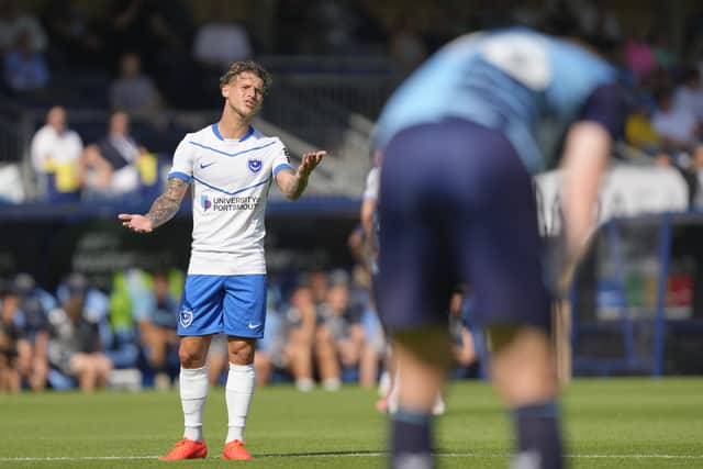 Frustration for Adrian Segecic during Pompey’s 3-1 defeat at Wycombe. Picture: Stephen Flynn/ProSportsImages