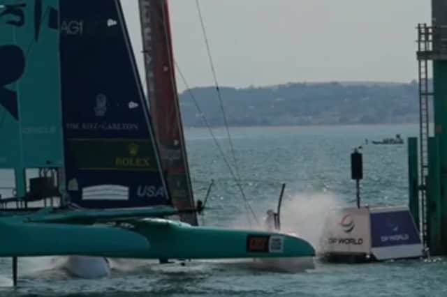 Team GB nearly crashes into Team USA during SailGP practice session.
