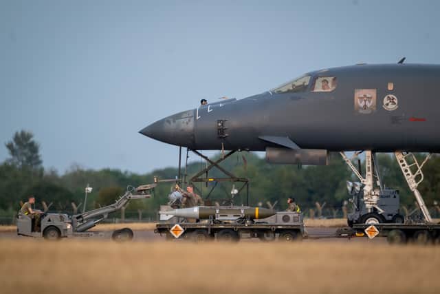 Munitions near a B1 Bomber are seen at RAF Fairford on July 24, 2026 in Fairford, England. Iran's Islamic Revolutionary Guard Corps (IRGC) has declared RAF Fairford in Gloucestershire a "legitimate target" after U.S. Air Force B-1B Lancer bombers used the British base to launch defensive bombing missions against Iranian military targets.