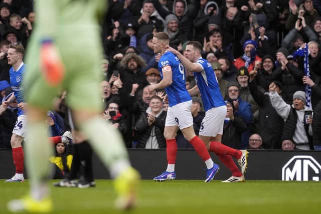 Colby Bishop celebrates scoring Portsmouth’s early goal (Andrew Matthews/PA)