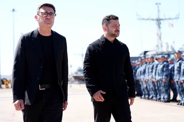 Prime Minister Andy Burnham (left) with Ukrainian President Volodymyr Zelensky as they view Ukrainian equipment and meet Ukrainian personnel at HM Naval Base in Portsmouth