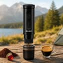 The portable espresso machine works with both Nespresso-compatible capsules and ground coffee, making it ideal for holidays, commuting and camping.