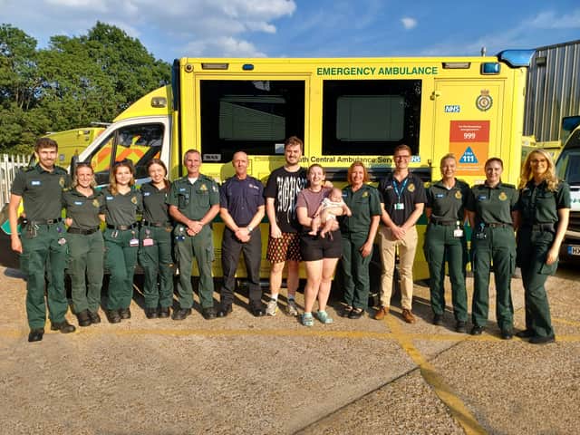 Sam King met with the incredible emergency service workers who saved his life that dayL-to-R: Jack Kendall-Bohoslawec, Sophie Kingston, Kiana Sykes, Emily Forrell, Mark Burnett, Malc Grendon, Sam King, Emma King with Baby Sophie, Sarah Smith, Dr Ed Langford, Georgia Mihill, Louise Winter, Sarah Burnett