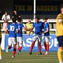 Kyran Sylvanus celebrates his Pompey goal at Farnborough tonight.