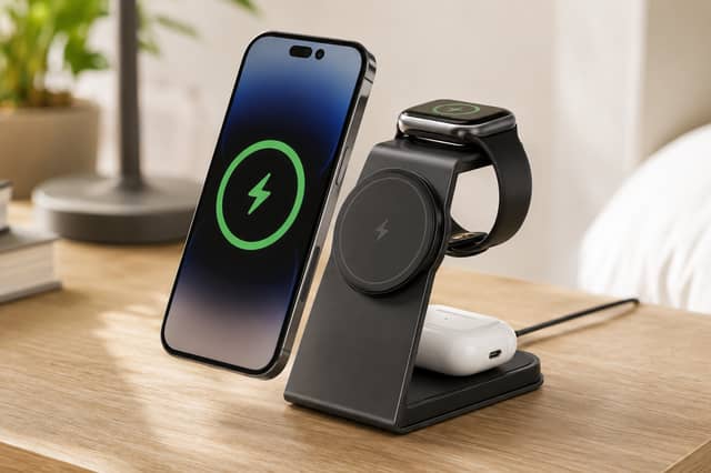 The AOWIN 3-in-1 charging station falls to £8.49 when Amazon’s voucher is applied