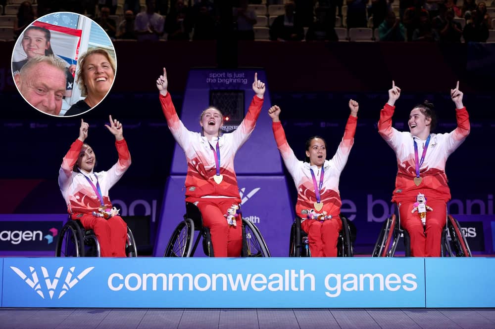 From left - Charlotte Moore, Lucy Robinson, Joy Haizelden and Jade Atkin after winning gold in the Women's 3x3 Wheelchair Basketball event at the Glasgow Commonwealth Games.
Inset: Paul and Kelly Atkin
 Picture: James Fearn/Getty Images 
Inset picture: Kelly Atkin 