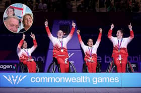 From left - Charlotte Moore, Lucy Robinson, Joy Haizelden and Jade Atkin after winning gold in the Women's 3x3 Wheelchair Basketball event at the Glasgow Commonwealth Games.
Inset: Paul and Kelly Atkin
 Picture: James Fearn/Getty Images 
Inset picture: Kelly Atkin 