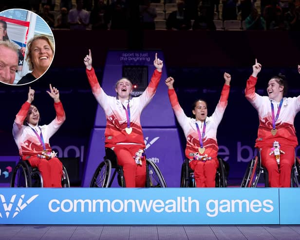 From left - Charlotte Moore, Lucy Robinson, Joy Haizelden and Jade Atkin after winning gold in the Women's 3x3 Wheelchair Basketball event at the Glasgow Commonwealth Games.
Inset: Paul and Kelly Atkin
 Picture: James Fearn/Getty Images 
Inset picture: Kelly Atkin 