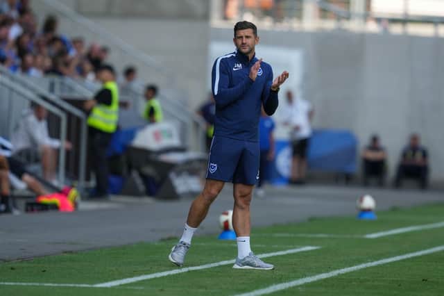 Pompey boss John Mousinho on the touchline for the Blues' pre-season game at Darmstadt on Saturday