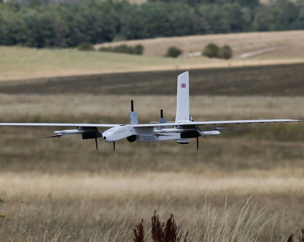 The Providence Drone in flight. Royal Navy Wildcat helicopters conducted landmark trials with autonomous drones.