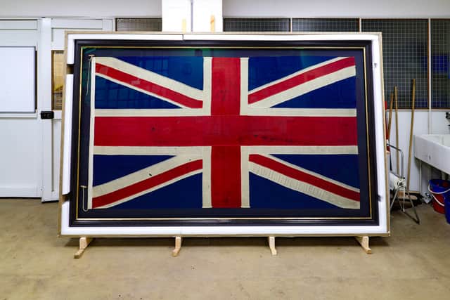 The Royal Navy flag which was flown at the Battle of Trafalgar that has been saved for the nation and will be displayed at the Discovery Museum in Newcastle.