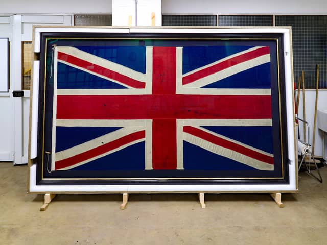 The Royal Navy flag which was flown at the Battle of Trafalgar that has been saved for the nation and will be displayed at the Discovery Museum in Newcastle.