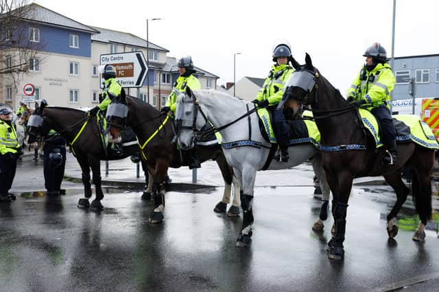 Mounted police outside Fratton Park after the second South Coast Derby match.