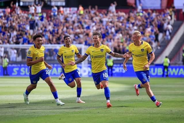 Adrian Segecic celebrates his 33rd-minute opener for Pompey in their 3-1 defeat at West Ham in the Carabao Cup. Picture: Chris Foxwell/ProSportsImages