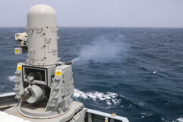 HMS Dragon conducting live firing/gunnery serials in the Arabian sea on July 21, 2026. The ship tested their Phalanx and 30mm (pictured) weapon systems.