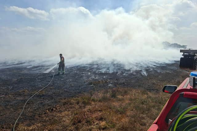 Firefighter spraying water onto burnt ground during a heathland blaze in the New Forest National Park near Ringwood, Hampshire. Firefighters are expected to tackle the blaze for several more days.
